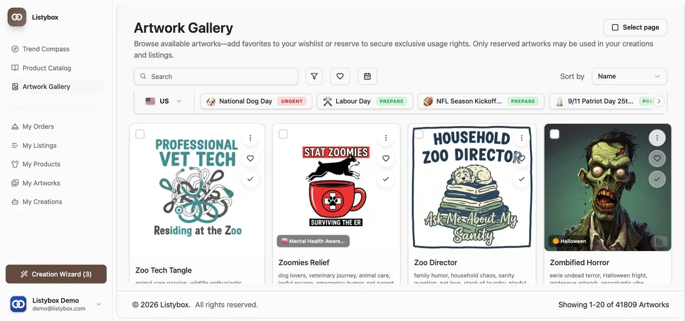 Listybox Artwork Gallery: exclusive trend designs with seasonal event calendar