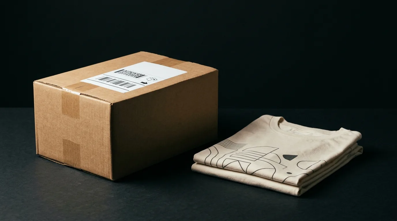 A packed and labelled order box next to a folded printed t-shirt
