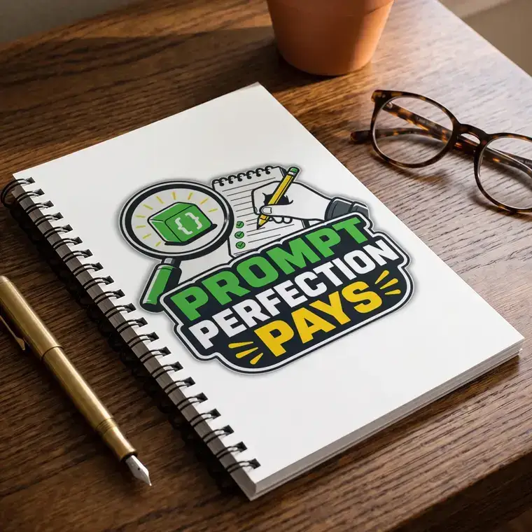 Spiral notebook with a green and yellow typographic cover on a wooden table