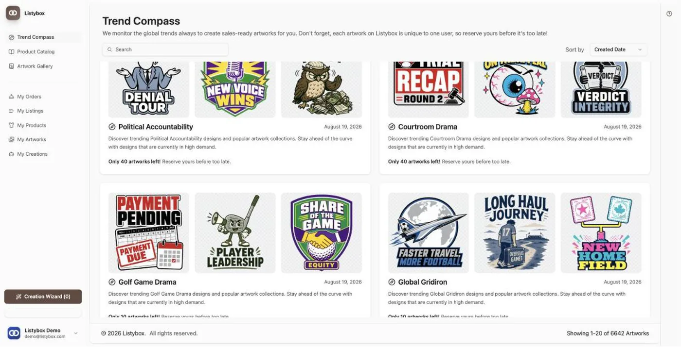 Listybox Trend Compass: hourly trend feed with sale-ready designs